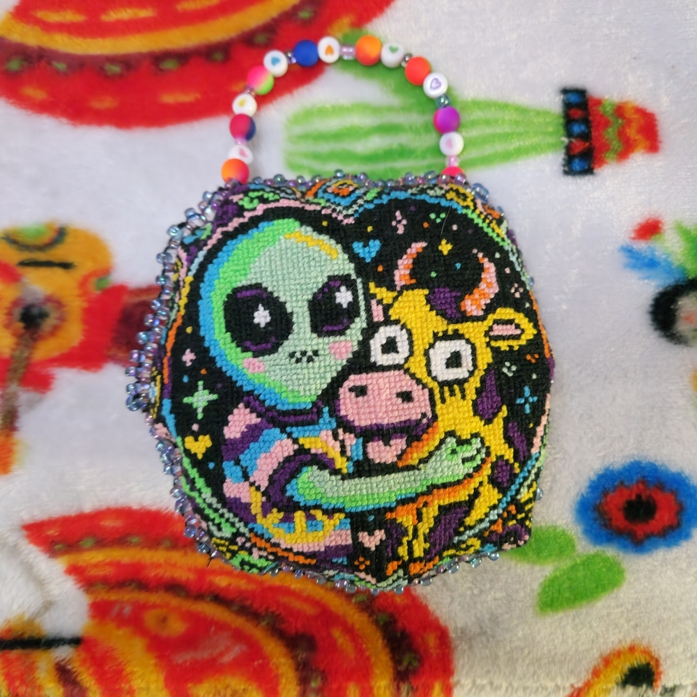 Hand-made By P.C. Owner Alien and Cow Beaded Cushion
